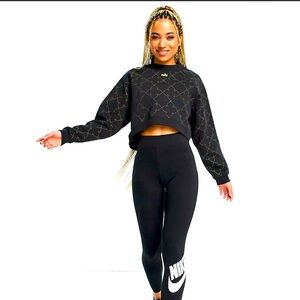 Nike Dri-Fit Cropped Fleece Crew Sweatshirt Black/Metallic Gold size S